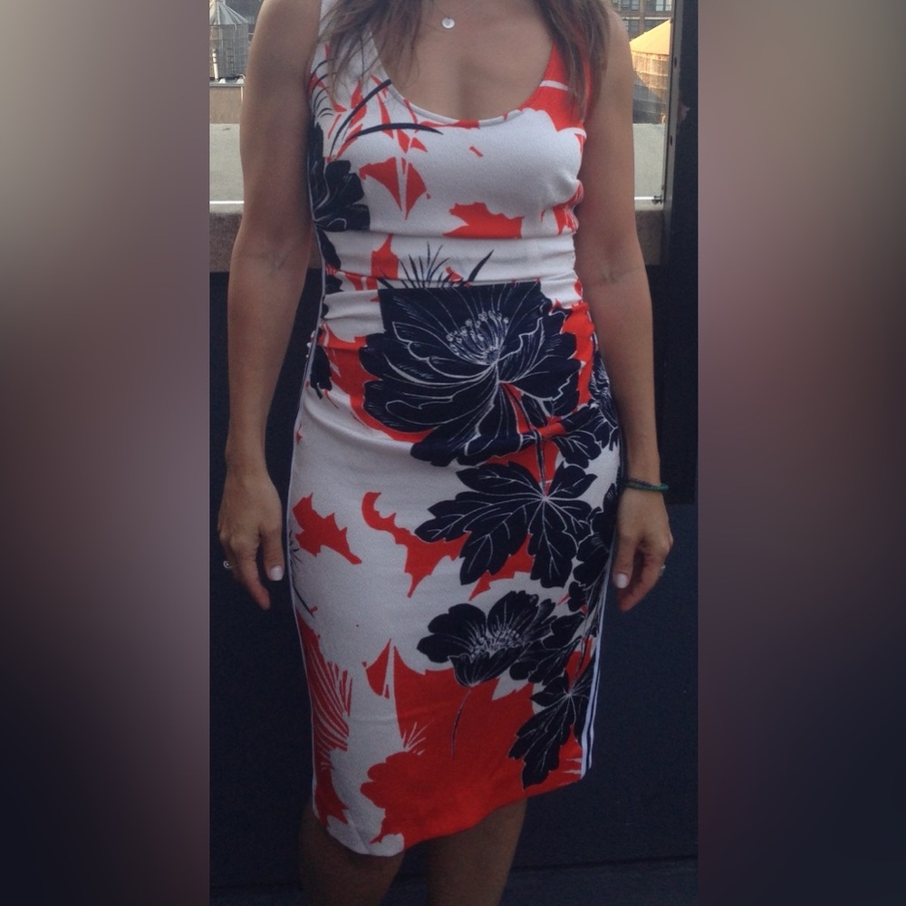 Tracy Reese Vibrant cream color dress with orange and navy florals